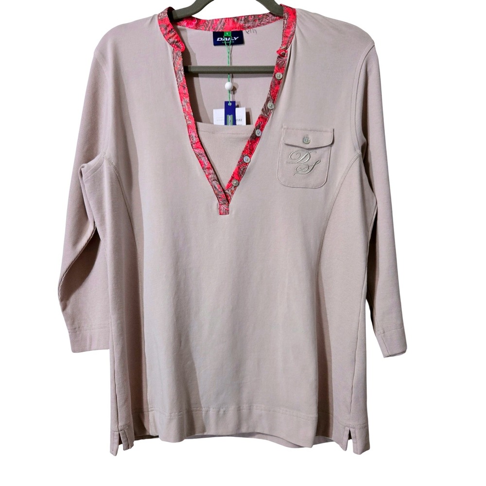 Sporty NWT Daily Sports Adrienne 3/4 Polo Top Oatmeal Pink Paisley Trim Womens L